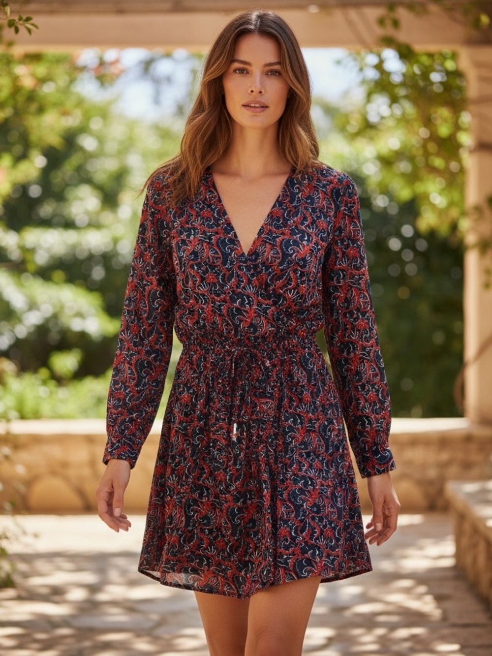 A.L.C. Sullivan Silk Botanical Print Drawstring Shirt Dress Navy Red Size 4